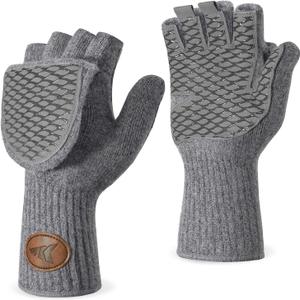 KastKing Bully Wooly Convertible Mittens  Premium Wool Fingerless Fishing Gloves with Magnetic Flip-Top, Fleece Lining, Non-Slip Grip, Extra-Long Cuff, 4-Way Stretch, Cold Weather Winter Gear (Small-Medium, Gray)