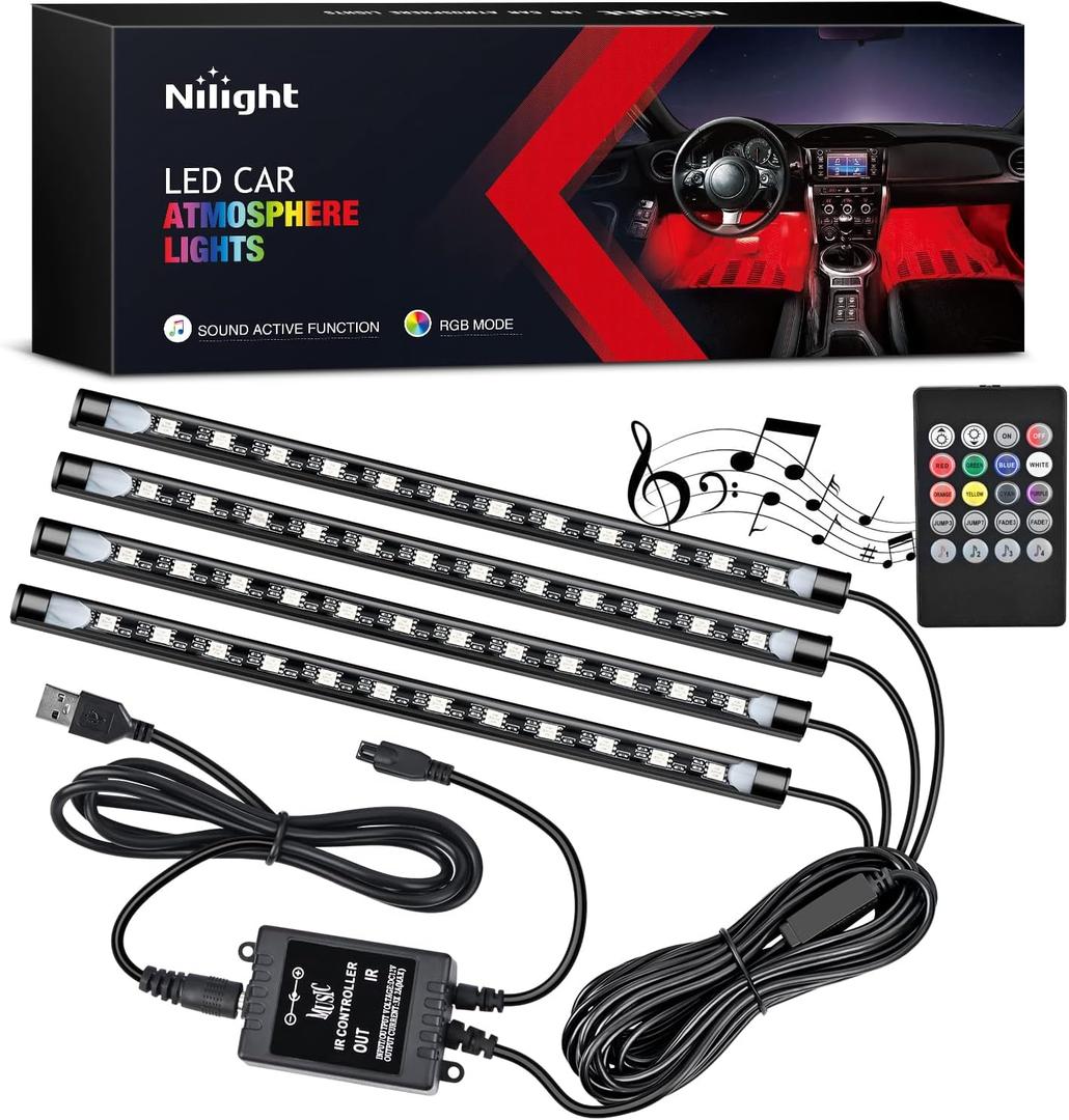 Nilight 48 LEDs DC 5V Multicolor Music Car Strip Light Under Dash Lighting Kit with Sound Active Function and Wireless Remote Control, 4PCS USB Interior Lights