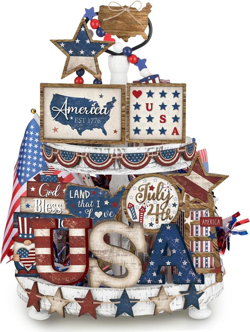 25 Pcs 4th of July Tiered Tray Decorations Set Wood Patriotic Decoration Rustic American Flag Star Red White Blue Farmhouse Decor for Memorial Day 250th Anniversary Home Indoor Birthday Party (Stylish)