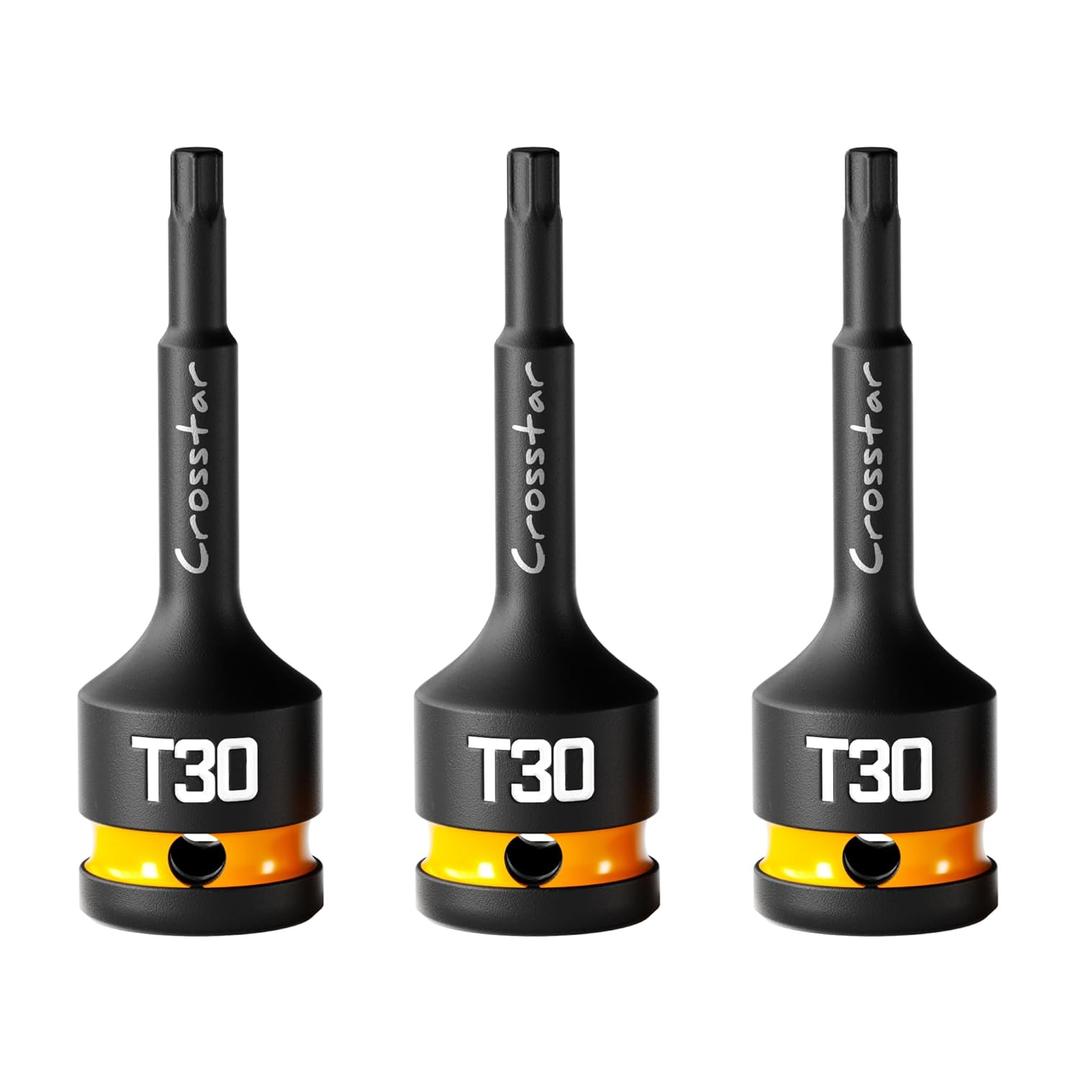 Crosstar 3pc T30 Impact Torx Bit Socket Set, 1/2" Drive CrMo Steel, Long High Impact Star Sockets for Automotive & HeavyDuty Use, Professional Mechanic Tools with Transparent Case