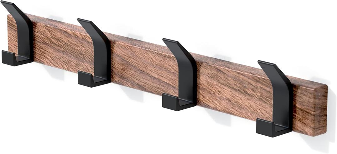 17 Inch Black Walnut Wood Wall Mounted Coat Rack with 4 Black L Hooks, Adhesive Mounted Entryway Hooks, Modern Natural Wooden Pegs for Hanging Coat Clothes Hat Bag Purse Key and Towel