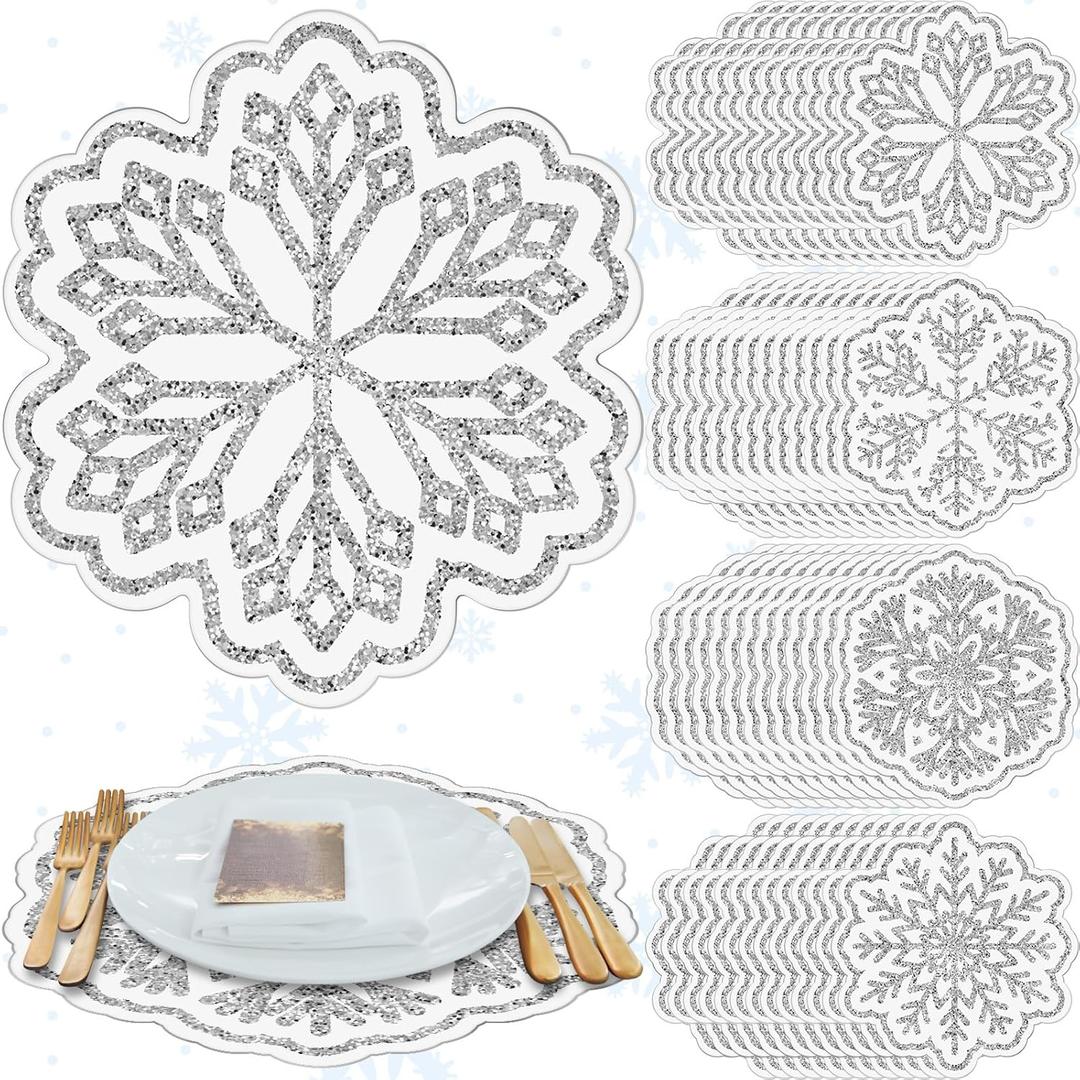 100 Pcs Snowflake Paper Placemats Disposable Winter Snowflake Place Mats Decorative Table Mats Bulk for Christmas Winter Party Supplies Table Setting(Elegant Style,Silver)