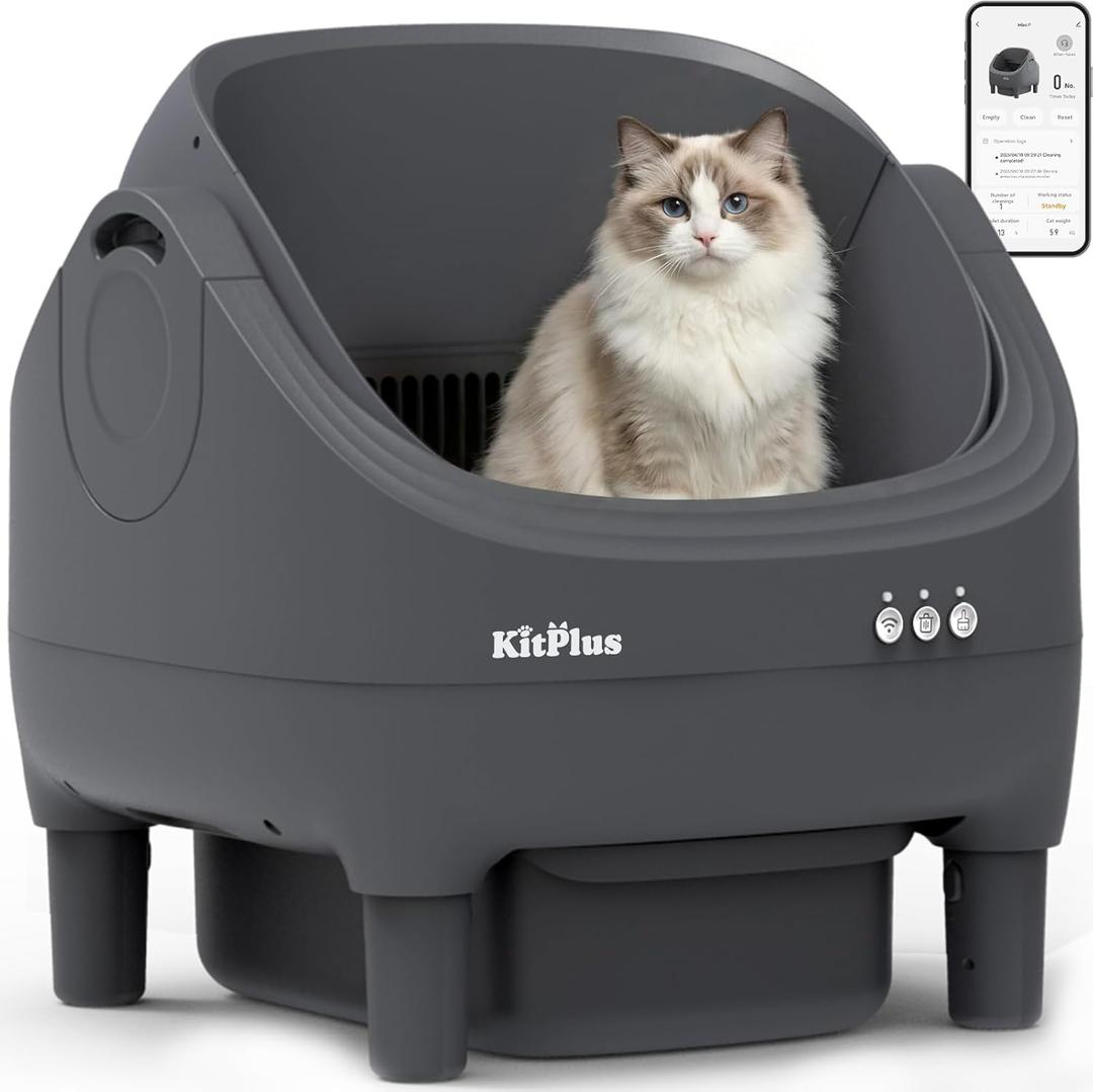 Self Cleaning Litter Box, Automatic Cat Litter Box-APP Control, Open-Design Electric Litter Box, Safety Anti-Pinch, Odor-Free Waste Disposal Includes Trash Bags, Suitable for Multiple Cats, Grey