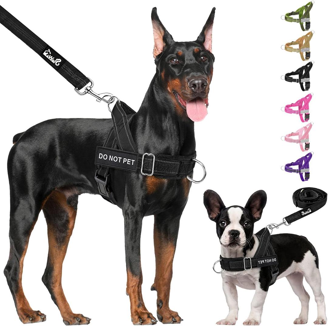 Lukovee No Pull Dog Harness & Leash Set - Heavy Duty Dog Vest Harness with Soft Padded for Medium Large Dogs, Adjustable Reflective Tactical Pet Harness for Easy Walk and Training (M, Black)
