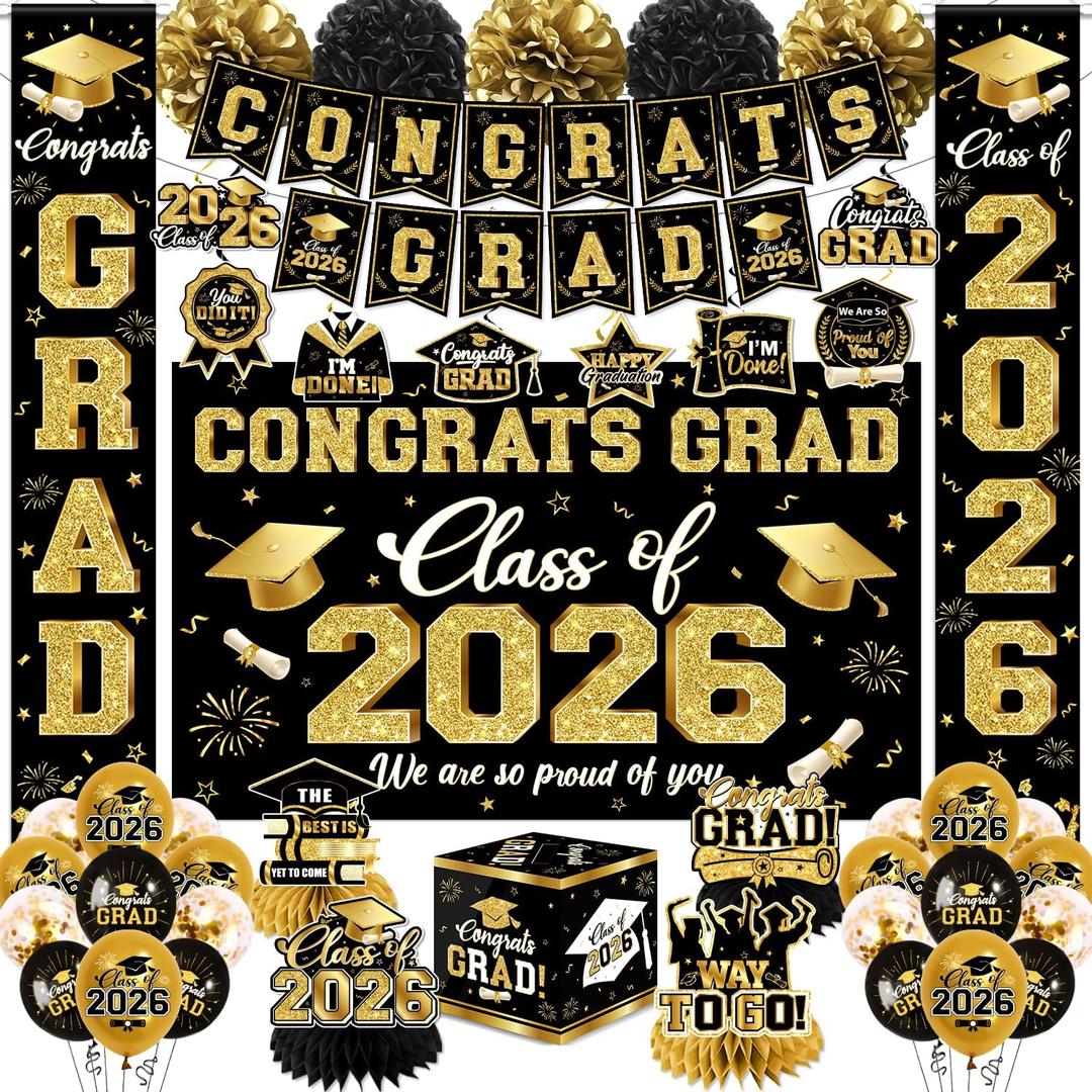 2026 Graduation Decorations - Black Gold Congrats Grad Party Supplies include Card Box, Backdrop, Banner and Balloons for Class of 2026 Decorations Set