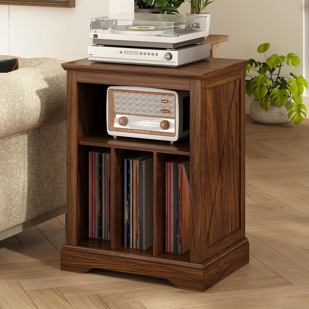 RowyPoey Farmhouse Record Player Stand, 3 Tier End Table, Turntable Stand with Vinyl Record Storage ,Wood Record Holder Cabinet Dispaly Shelf for Living Room,Bedroom,Rustic Brown