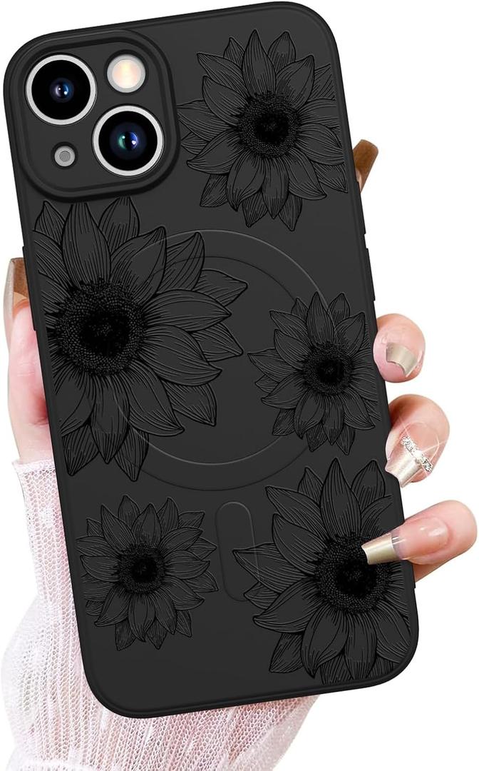 OOK Black Floral case for iPhone 15 Plus Case [Compatible with MagSafe], Cute Sunflower Floral Blooms Design Soft TPU Shockproof Protective for Women Girls Slim Magnetic Phone Cover