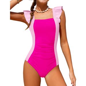 Girls Swimsuit Ruffle Girl One Piece Bathing Suit Solid Swimsuits Ruched Sleeveless Girls' Swimwear for 9-10 Years