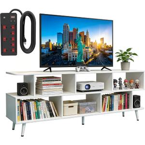 65" White TV Stand with Power Outlet for TVs up to 75", Large Entertainment Center with 8 Open Shelves,Media Console Table for Living Room/Entrance/Kitchen/Sofa Cabinet, Easy Assembly