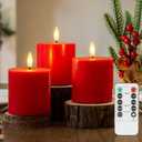 Red Flameless Pillar Candles Set of 3 (3"x3"), Battery Operated LED Candles with Timer and Remote, Real Wax Flickering Light for Christmas Decorations, Romantic Dinner or Holiday Gift