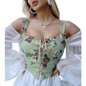 CONCINEROS Women's Summer Vintage Floral Renaissance Corset Top for Women Y2k Tops Sleeveless Drawstring Crop Top (Green, L)