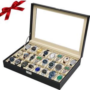 Artilife 24 Slot Watch Box for Men,Watch Display Cases for Men,Glass Top,PU Leather Display Storage Collection Organizer Jewelry Case Organizer with Removable Pillows