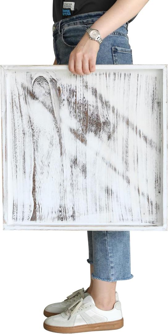 Gurfuy Extra Large Square Ottoman Table Tray 20" - Rustic Wooden Serving Tray for Farmhouse Decorative Oversized Coffee Table Trays Living Room Kitchen Counter Breakfast White