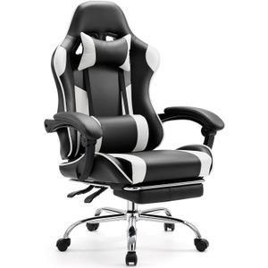 Sweetcrispy Video Game Desk Chair - Ergonomic Computer with Footrest and Comfy Lumbar Support, PU Leather Recliner with Headrest, Fixed Up Armrest, Height Adjustable with 360 Swivel, White, Adults