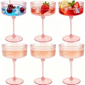 PLULON 6 Pcs Pink Champagne Martini Glasses Set 10 Oz Plastic Ribbed Coupe Cup, Cocktail Glasses Champagne Cup Tower Vintage Margarita Glassware for Clubs Gifts Wedding Bachelor Party Outdoor Events