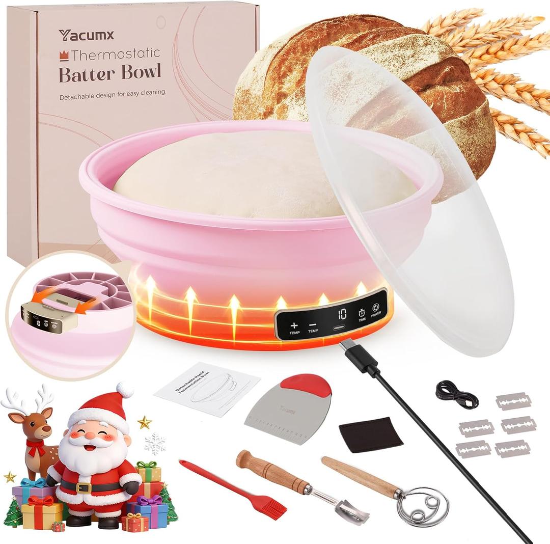 Electric Sourdough Starter Kit with 6-Temp (77-122) Control & Timer - 9" Foldable Sourdough Bread Baking Supplies & Dough Warmer - Complete Banneton Bread Proofing Basket Set for Home Bakers,Pink