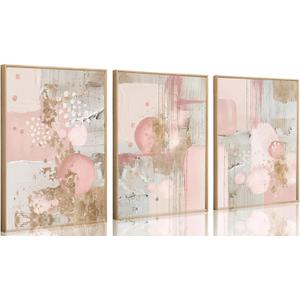 3Pcs Pink and Gold Canvas Wall Art Abstract Posters Print Geometric Pictures Decor for Living Room Bedroom Bathroom Home Decoration UnFramed (12x16)