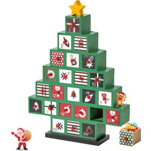 Wooden Advent Calendar, 2025 Countdown Christmas Tree Advent Calendar with 24 Storage Drawers, DIY Reusable Advent Calendar Boxes for Kids, Adults (Green)