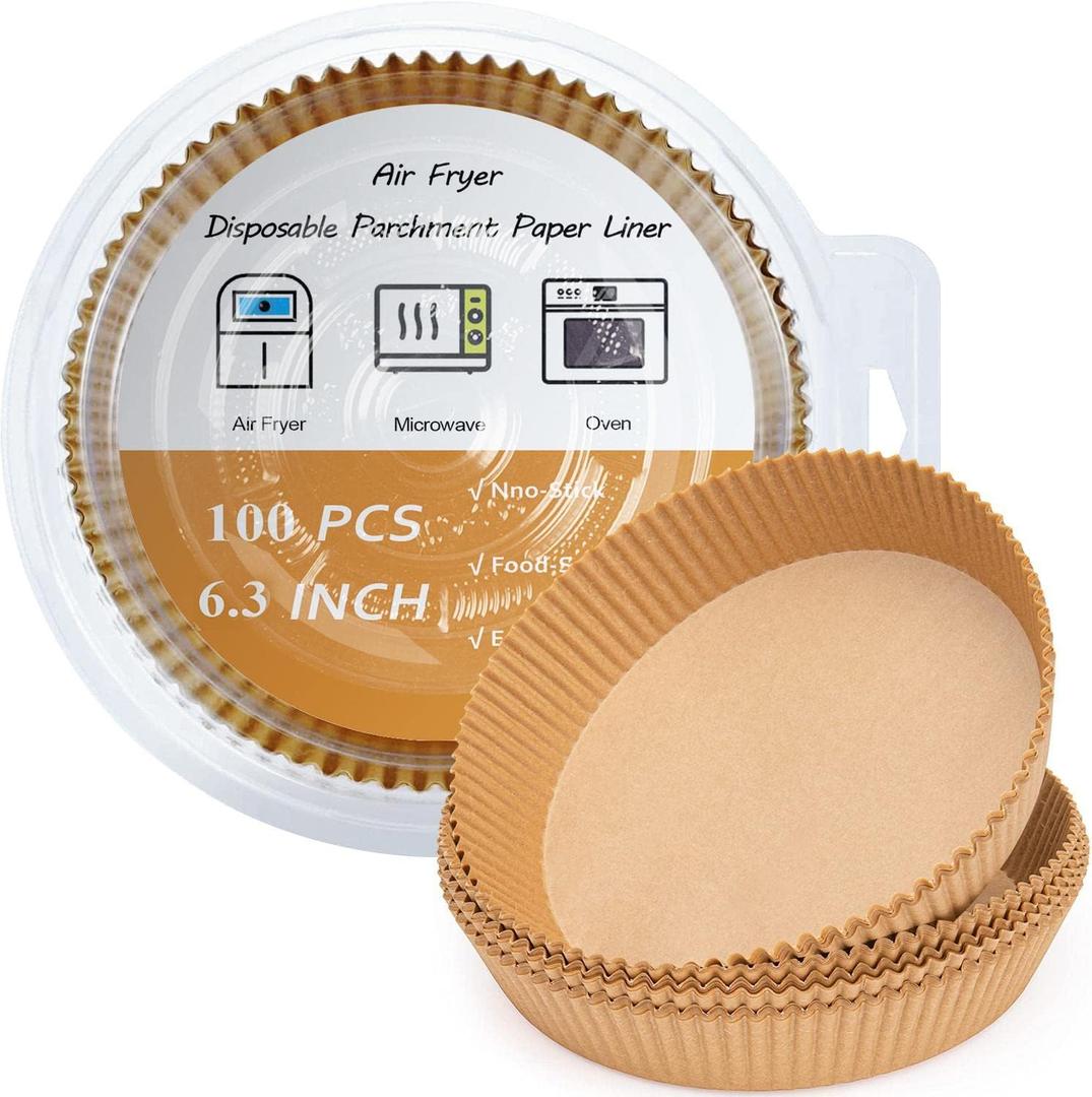 Air Fryer Liners Disposable 100PCS-6.3 inches, Tiktok Must Have for Kitchen, Unbleached Non-Stick Baking Parchment Sheet