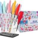 G.a HOMEFAVOR Knife Set for Kitchen, 16Pcs Stainless Steel Print Nonstick Coated Blade Kitchen Knives with Acrylic Stand, Multicolored