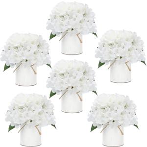 Flower Table Centerpieces - Set of 6 Floral Arrangement Artificial Wedding Hydrangeas Floral Arrangement with Rustic Metal Vase for Bridal Tea Party Event Decorations - White