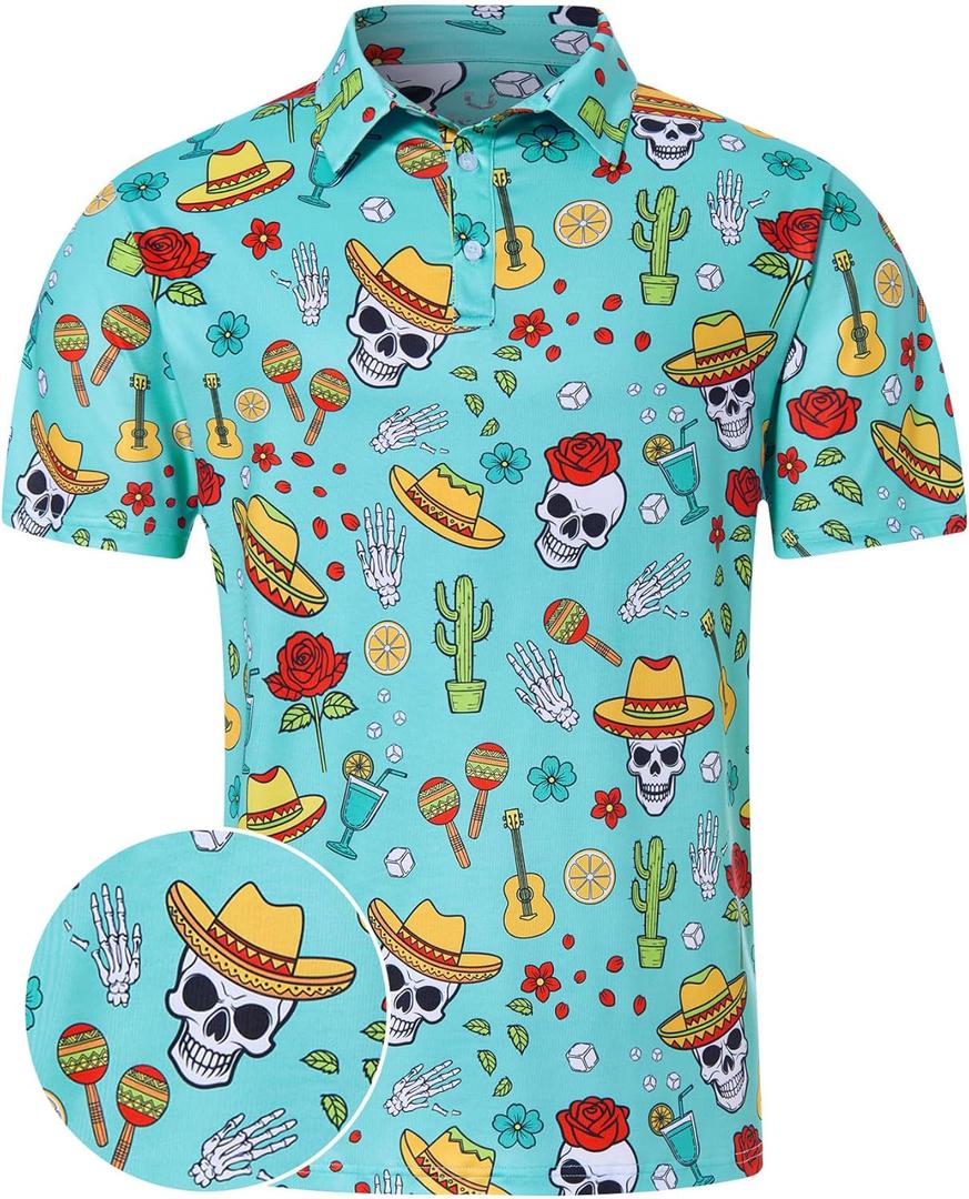 uideazone Golf Shirts for Men Dry Fit Polo Shirt Short Sleeve Moisture Wicking Golf Polos Performance Golf Tennis Shirt (Small, Funny Maxico Cactus)