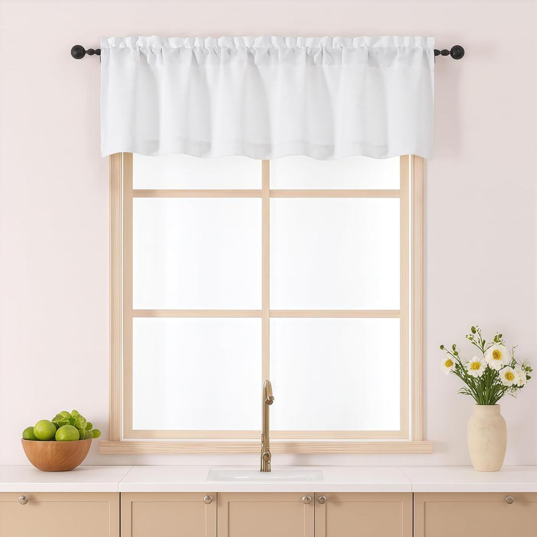 Gwine White Kitchen Valance for Windows 14 Inches Long, Light Filtering Short Curtain for Small Window, Soft Small Window Treatment Drape for Bathroom Basement RV Camper, 60Wx14L inch, 1 Piece