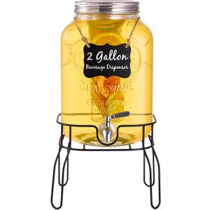 2 Gallon Glass Drink Dispensers for Parties, Beverage Dispenser with Stand, Fruit Infuser and Stainless Steel Spigot 100% Leakproof, Beverage Dispenser for Lemonade Sun Tea