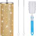 Tessco Bling Tumbler Cups Rhinestones with Straw Glitter Water Bottle Stainless Steel Straw Tumbler Insulated Bling Cup with Lid Brush for Teacher Graduation Season Gifts(20 oz,Gold)