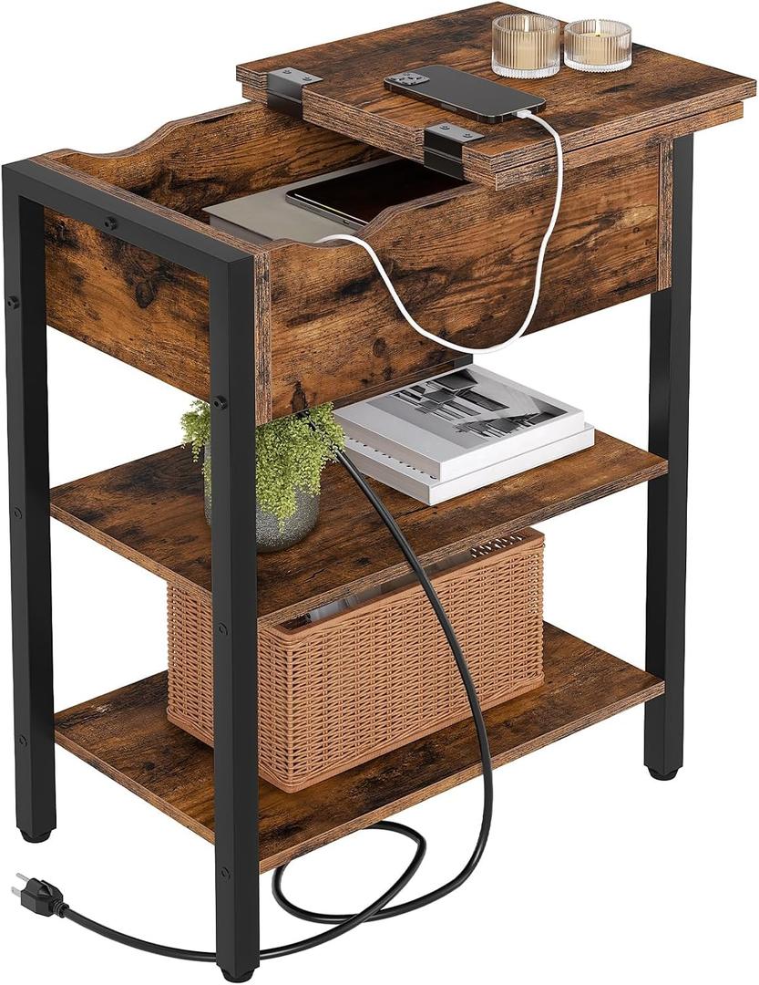 HOOBRO End Table with Charging Station, Narrow Side Table, Flip Top Nightstand with USB Ports and Outlets, Bedside Tables with Shelf for Small Spaces, Living Room, Rustic Brown BF341BZ01, 10.2 L x 18.9 W x 25.2 H