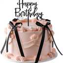 Black Satin Bows for Cake Decorations, 11 Pcs Coquette Bow Cake Toppers with Happy Birthday Acrylic Sign, Ribbon Cake Bows for Birthday Cake, Cupcakes, Baby Shower, Wedding Party Decor