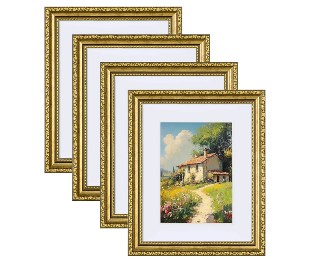 eletecpro 8x10 Picture Frames Set of 4, Gold Frames 8 x 10 with Glass Cover, Vintage Photo Frame Displays 5x7 Photo with Mat or 8x10 without Mat for Tabletop or Wall Decor, Gold