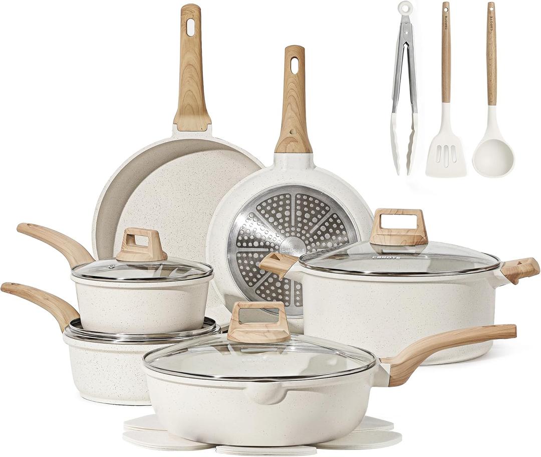 CAROTE 16 Piece Pots and Pans Set Nonstick, White Granite Cookware Sets Induction Cookware, Non Stick Cooking Set w/Frying Pans & Saucepans (PFOS, PFOA Free) (Cream White)