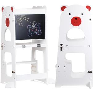Toddler Tower, 2 in 1 Montessori Learning Tower with Chalkboard, Foldable Toddler Table and Chair, Kitchen Helper Stool, Natural Wooden Step Stool for Kids