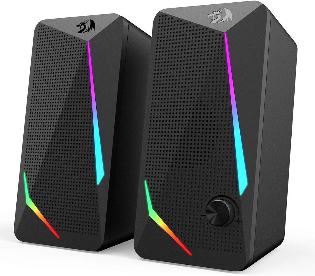 Redragon GS510 RGB Desktop Speakers, 2.0 Channel PC Computer Speaker with 4 Colorful LED Backlight Modes, Enhanced Bass and Easy-Access Volume Control, USB Powered w/ 3.5mm Cable (Black)