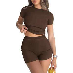 REORIA Womens Workout Sets 2 Piece Seamless Slim Fit Yoga Outfits Shorts and Cropped Top Gym Athletic Sets Brown Small
