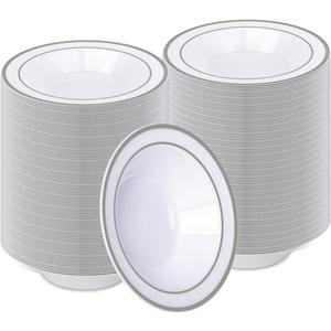 BESTVIP 200 Pack Plastic Bowls with Silver Rim, 12 oz Disposable Soup Bowls, Heavy-duty Dessert Fruit Bowl for Party, Wedding, Christmas, Dinner Catering