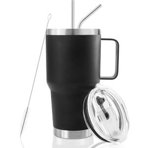 30 oz Tumbler With Handle, Double Wall Stainless Steel Vacuum Insulated Travel Mug with Splash-Proof Lid Metal Straw and Brush (Black)