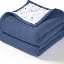 Lulu moon Muslin Baby Blanket - Cotton Quilt Blankets for Toddlers - Reversible Nursery Crib Blanket for Baby Boys and Girls 47"x47"(Blue)