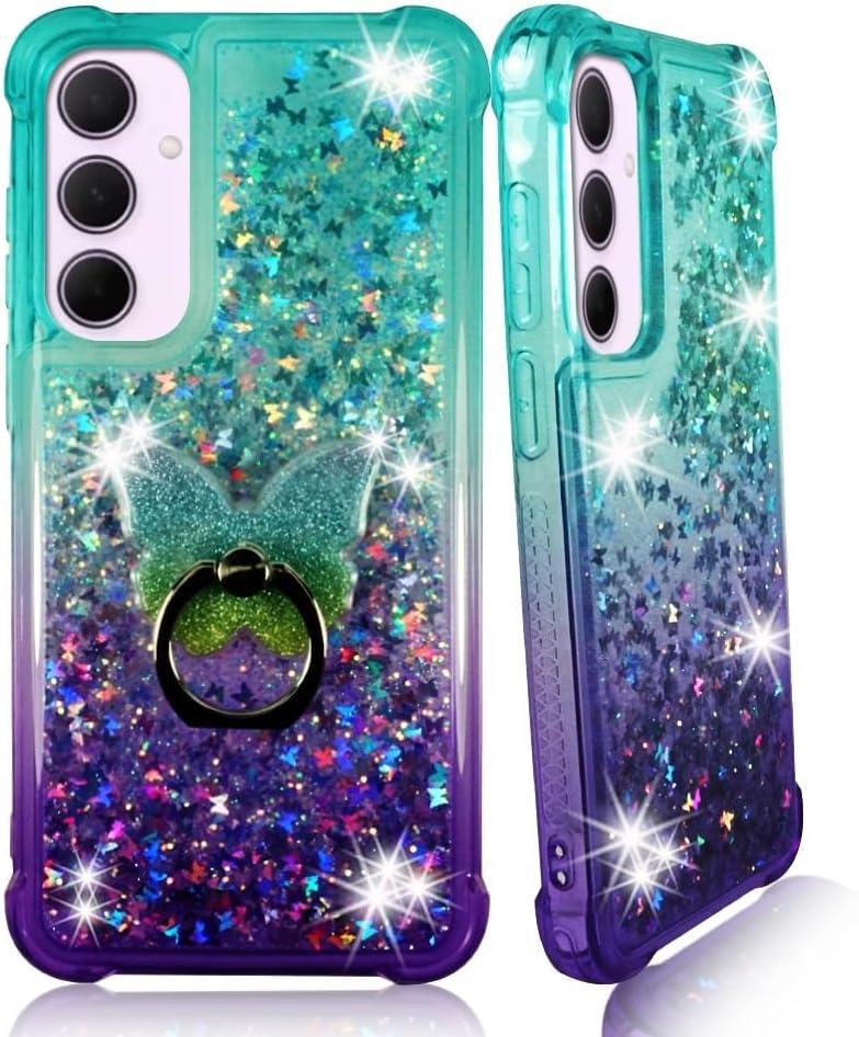 Zase Design for Samsung Galaxy A35 5G Clear Phone Case Liquid Sparkly Bling Cute 3D Butterflies Floating Glitters Quicksand Shockproof Soft Durable Cover w/Phone Ring Holder (Gradient Aqua Purple)