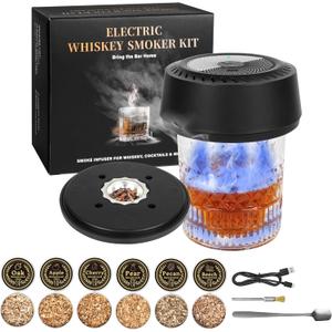 Electric Whiskey Smoker Kit, Rechargeable Cocktail Smoker Kit with 6 Wood Chips, Old Fashioned Smoker Kit Bourbon Drink Smoker Kit Birthday Christmas Gifts for Men, Dad, Husband (No Butane (Bright Black)