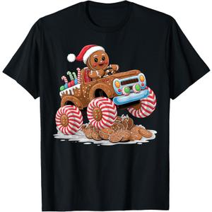 Monster Truck Gingerbread Man Funny Christmas Baking T-Shirt, XL, Black 