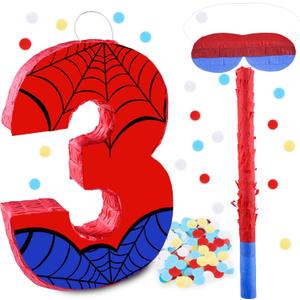 16 Inch Number 3 Spider Pinata with 16 Inch Piata Stick Blindfold Confetti for Boy Girl Kids 3rd Birthday Party Decorations (3rd)