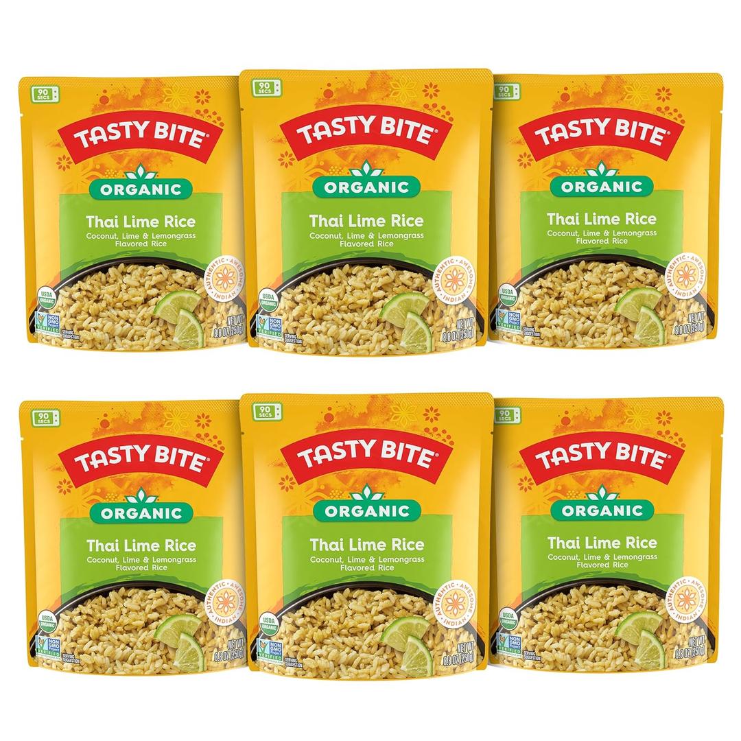 Tasty Bite Organic Thai Lime Rice, 8.8 Ounce, Pack of 6, Ready to Eat, Microwavable, Vegan, Gluten-Free, JUN 30/2026
