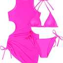 3 Piece Swimsuits Women Bikini Sets with Cover Up Halter Bathing Suit Set Sexy Cutout Coverup (Hot Pink, XL)