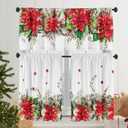 Christmas Poinsettia Curtain Valances Set Decoration, Suitable for Kitchen, Bedroom, 54lx18w Inch 27lx24w Inchx2, Xmas Elegant Holiday3-Panel Set