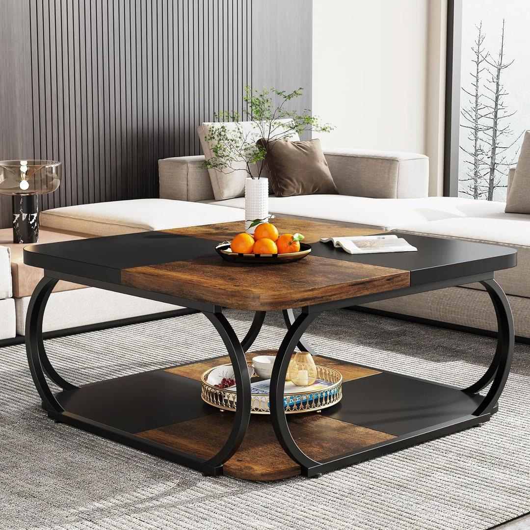 Tribesigns Square Coffee Table with 2 Tiers, 40 inches Low Farmhouse Coffee Table with Wood Storage Shelf Heavy Duty Metal Curved Frame for Modern Living Room, Black Rustic Brown, 39.25 Inches X 39.25 Inches X 19.75 Inches