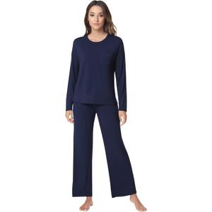 NACHILA Women's Pajamas Set-Viscose Made from Bamboo, Long Sleeve Sleepwear Top with Pants Comfy Pajama Soft 2 Piece Pjs (Large, A-navy Blue)