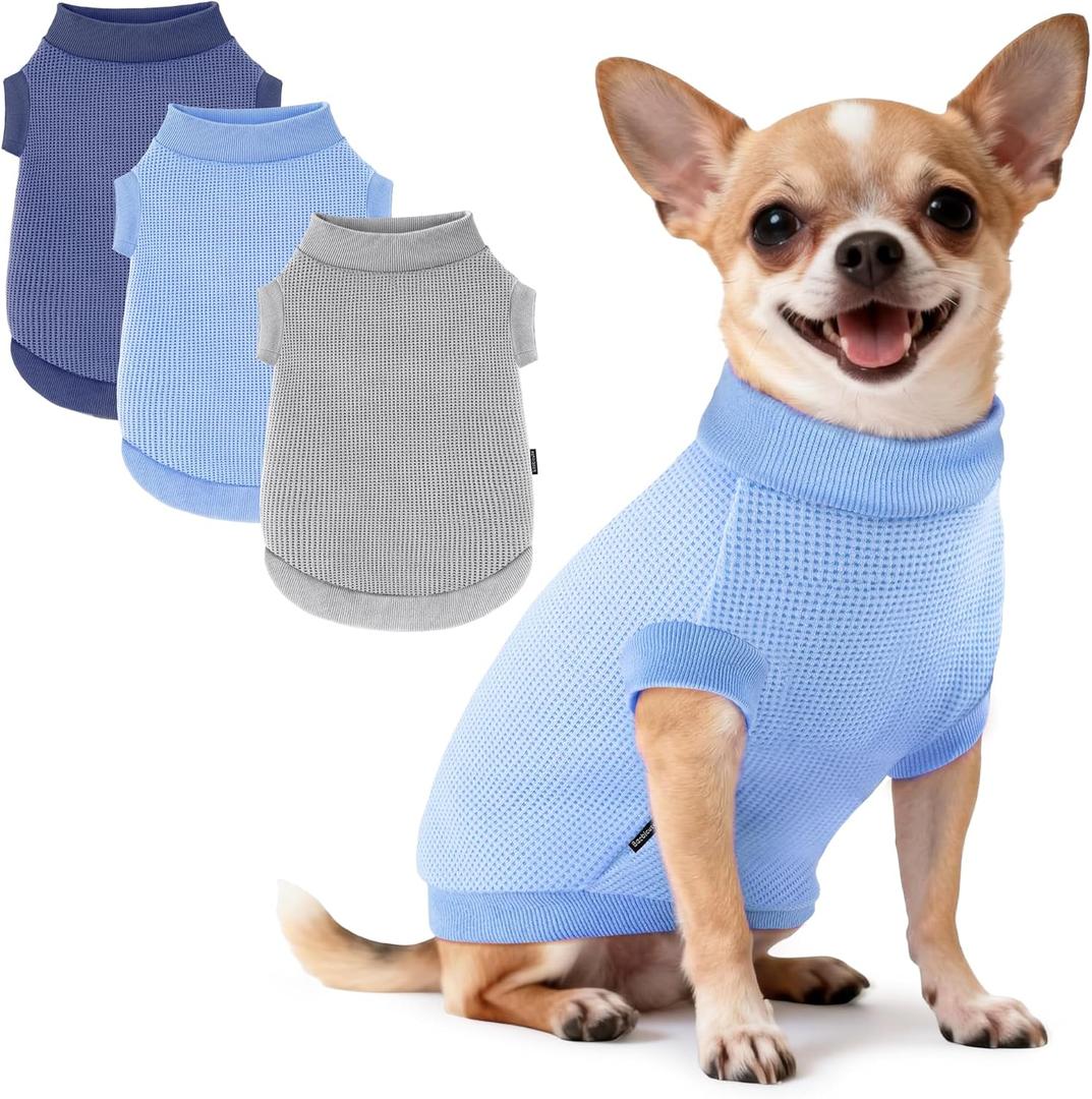 3 Pack Dog Shirt for Small Supplies Functional Waffle Dog Clothes Warm Soft Sweatshirt Outfit for Dogs Cats Pet Apparel (XS (Back: 9.8",Chest: 13.7", 3.5-5.5lbs), grey+navy+blue)