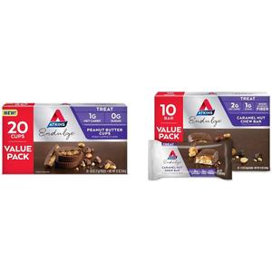 Atkins Endulge Peanut Butter Cups, Dessert Favorite, Low Carb, 0g Sugar, 40 Count & Endulge Caramel Nut Chew Bar, Dessert Favorite, 1g Sugar, Good Source of Fiber, Low Sugar, 10 Count, Best By: 10/23/26